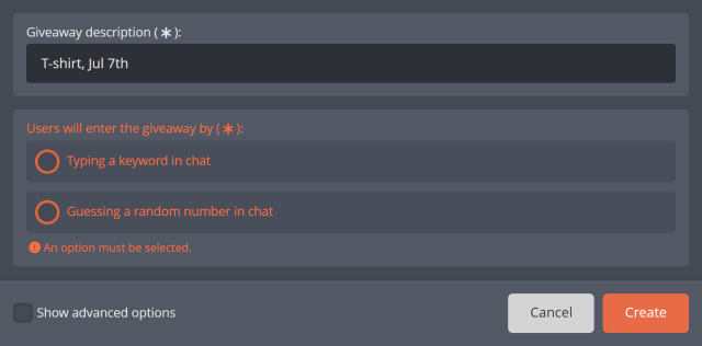 Choosing the Twitch giveaway type Choosing the Twitch giveaway type