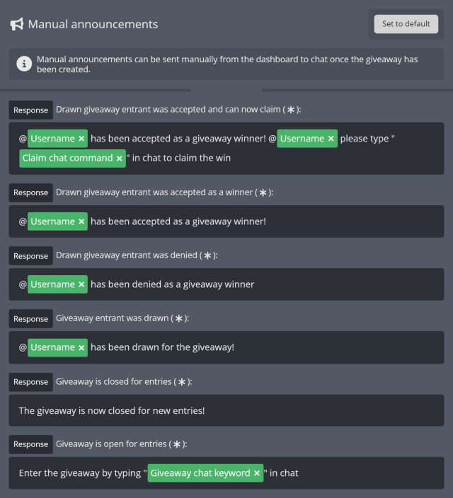 Manual announcements section of your Twitch giveaway Manual announcements section of your Twitch giveaway