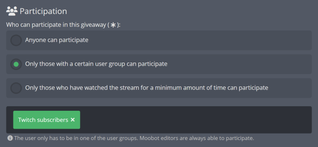 Restricting Twitch giveaways to certain user groups Restricting Twitch giveaways to certain user groups