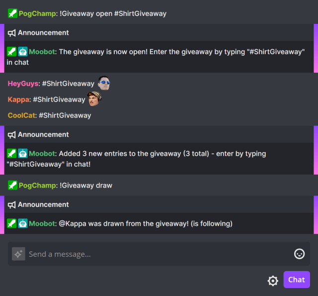 Using the !Giveaway chat command in Twitch chat Using the !Giveaway chat command in Twitch chat