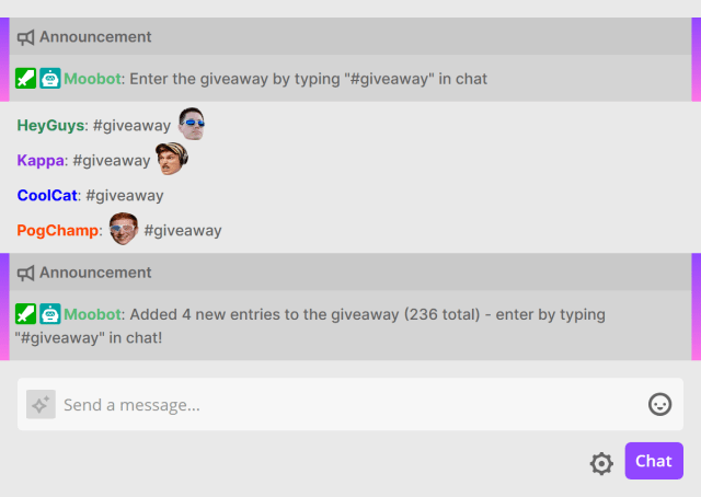 Automatic giveaway announcement in Twitch chat Automatic giveaway announcement in Twitch chat