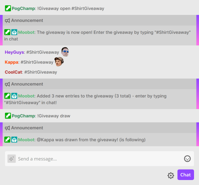 Using the !Giveaway chat command in Twitch chat Using the !Giveaway chat command in Twitch chat