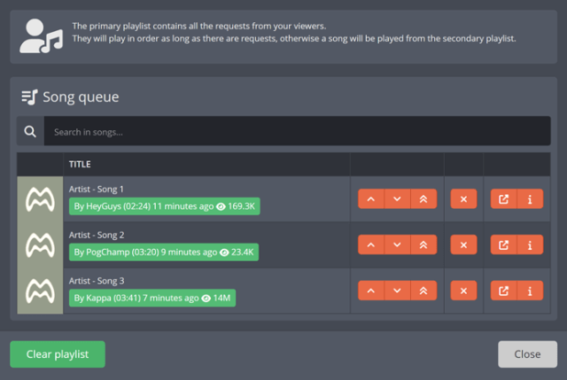 The Song Requests primary playlist containing all viewer requests