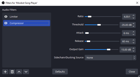 Using an audio compressor filter to normalize Song Requests volume levels