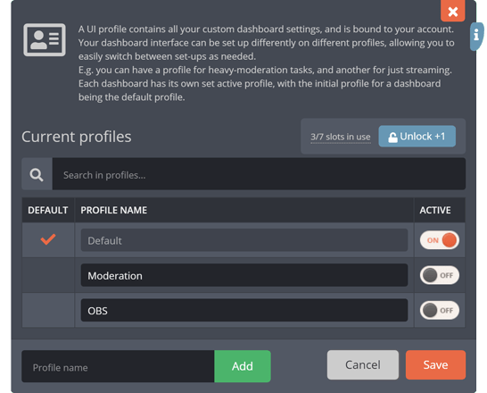 The UI profiles menu The UI profiles menu