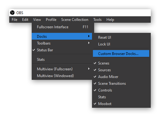 Moobot dashboard docked inside OBS, step 1 Moobot dashboard docked inside OBS, step 1