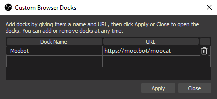 Moobot dashboard docked inside OBS, step 2 Moobot dashboard docked inside OBS, step 2