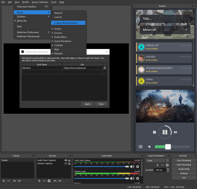 Moobot dashboard docked inside OBS, step 3 Moobot dashboard docked inside OBS, step 3