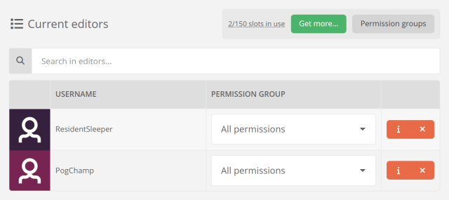 Moobot editor with an assigned permission group