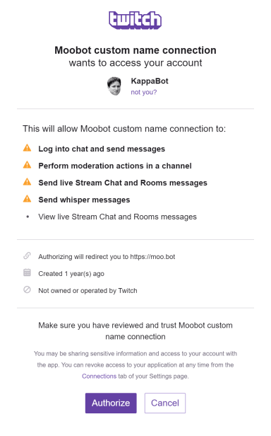 Authorizing the Twitch custom-named bot account Authorizing the Twitch custom-named bot account