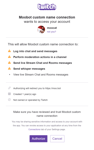 Authorizing the Twitch custom-named bot with your current account Authorizing the Twitch custom-named bot with your current account