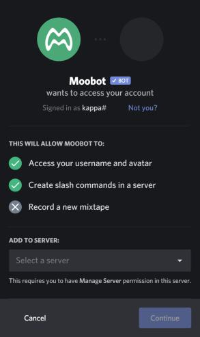 Selecting the Discord server to send the Twitch bot Selecting the Discord server to send the Twitch bot