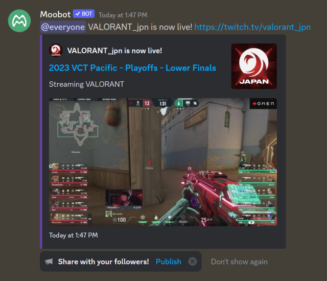 Twitch live announcement posted to Discord Twitch live announcement posted to Discord