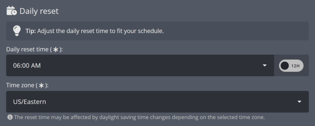 Adjustable daily watch time reset time