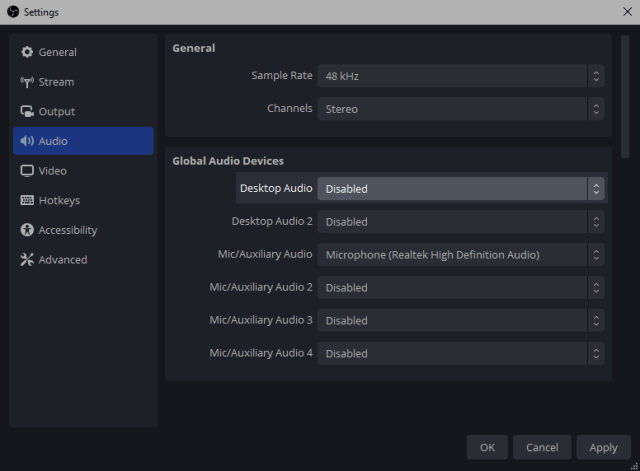 Disabling global Desktop Audio in OBS Disabling global Desktop Audio in OBS