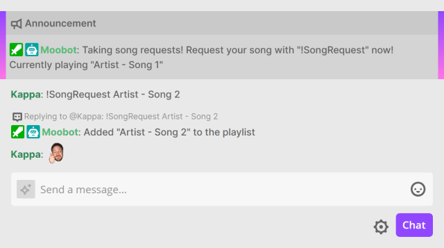 Automatic Song Requests announcement in Twitch chat Automatic Song Requests announcement in Twitch chat