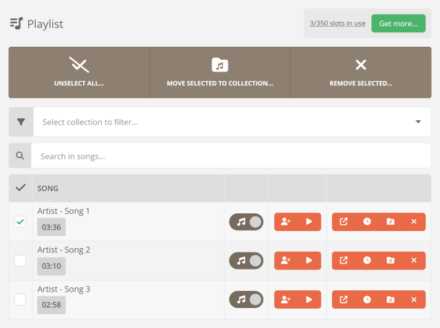Selecting songs in your personal playlist Selecting songs in your personal playlist