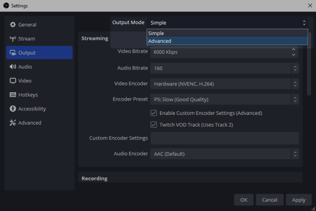 Viewing the advanced output settings of OBS Viewing the advanced output settings of OBS