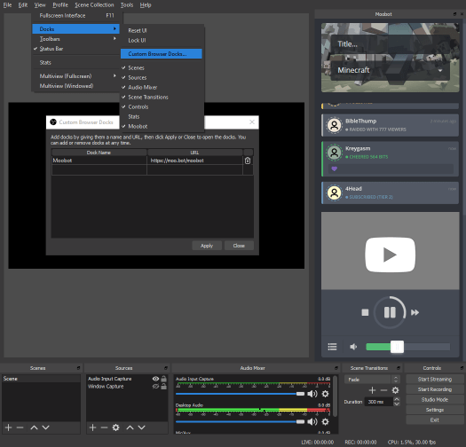 Dashboard docked in OBS Dashboard docked in OBS