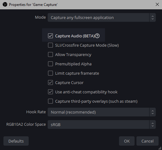 Capturing audio from an OBS Game Capture source