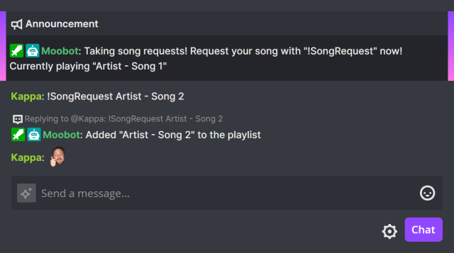 Automatic Song Requests announcement in Twitch chat