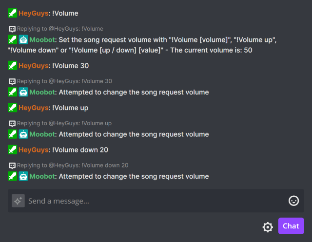 !Volume chat command in Twitch chat