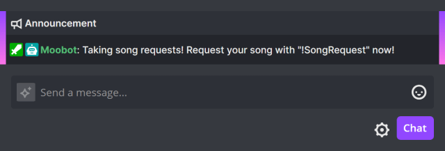 Song request announcement sent as a Twitch announcement